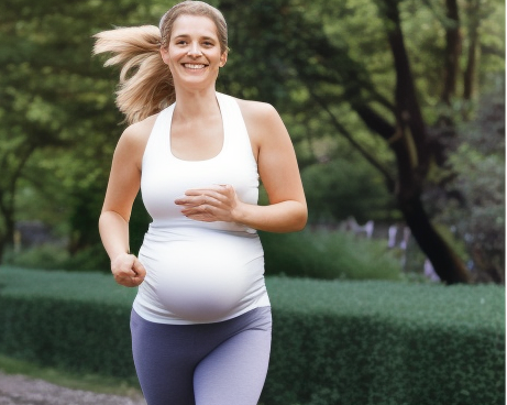 

An image of a pregnant woman jogging outdoors in comfortable clothing, with a smile on her face. The caption reads: "Stay active during pregnancy - find an exercise routine that works for you!"