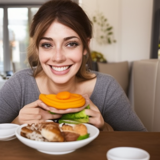

Une image d'une femme enceinte assise à une table, souriant et respirant profondément, tenant une assiette de nourriture saine. Elle est entourée de